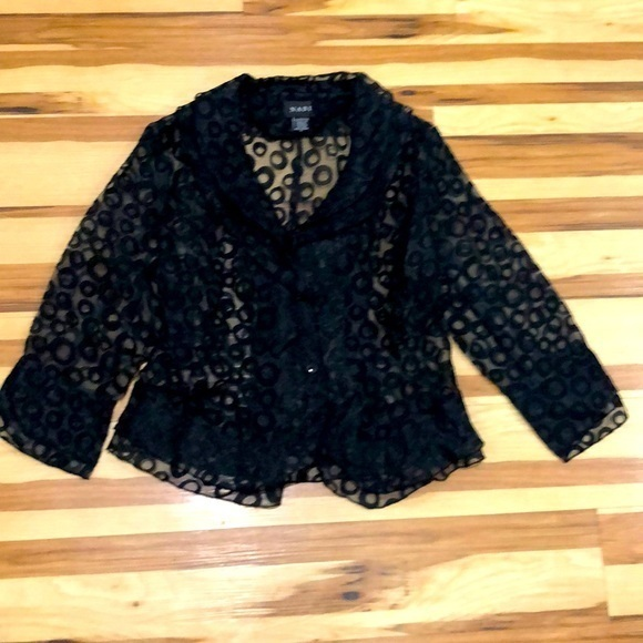 NABI Black Circles Ruffled Sheer‎ Blazer Evening Jacket Large - Picture 1 of 2